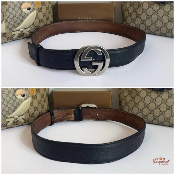 Auth Gucci Black Guccissima Leather Silver Interlocking G Buckle Belt 85/34 - Picture 4 of 13